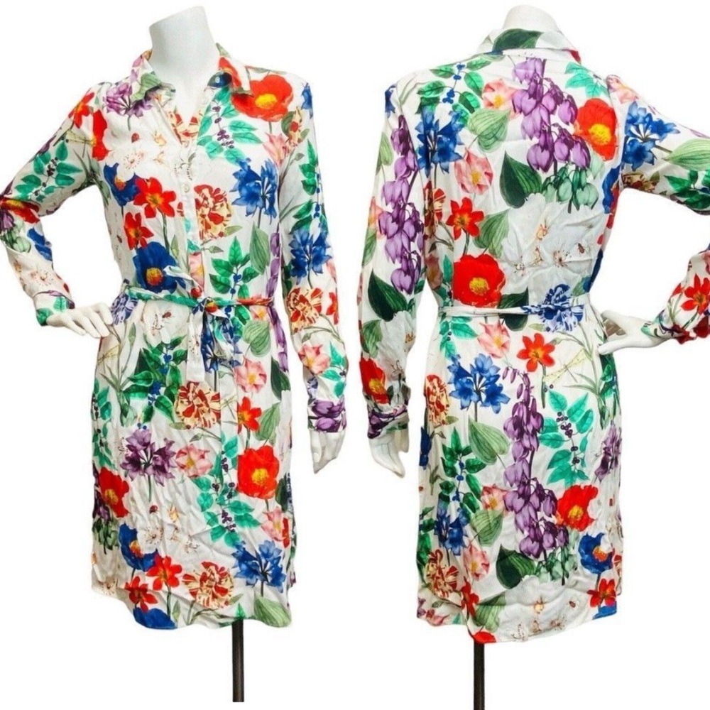 Zara White‎ Floral Women's Small Cottagecore Garden Dragonfly Print Shift Dress